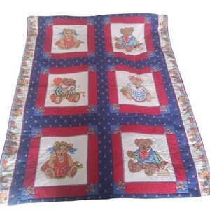 Vintage Quilt 90s Hand Made Baby Crib Blanket Cranston Bears Fabric  34 x 42.5"